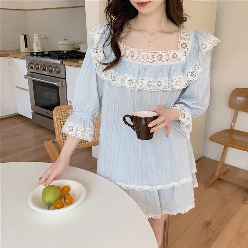 

Square Collar Lace Blouse + Shorts Set Two Piece Pajamas Set Sweet Korean Floral Crochet Home Suit Princess Sleepwear Kawaii