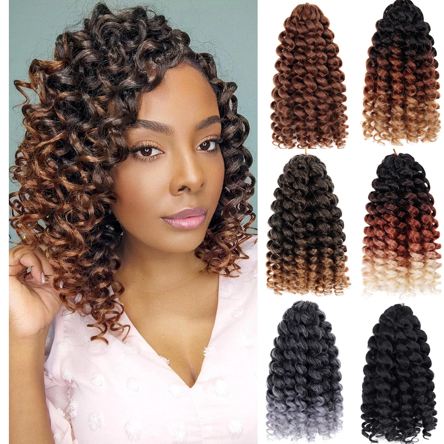 Фото Jeedou GoGo Curl Вязаные крючком волосы Water Wave Плетение для женщин Ombre Черные короткие пляжные локоны Синтетические наращивание волос с глубоким скручиванием №1