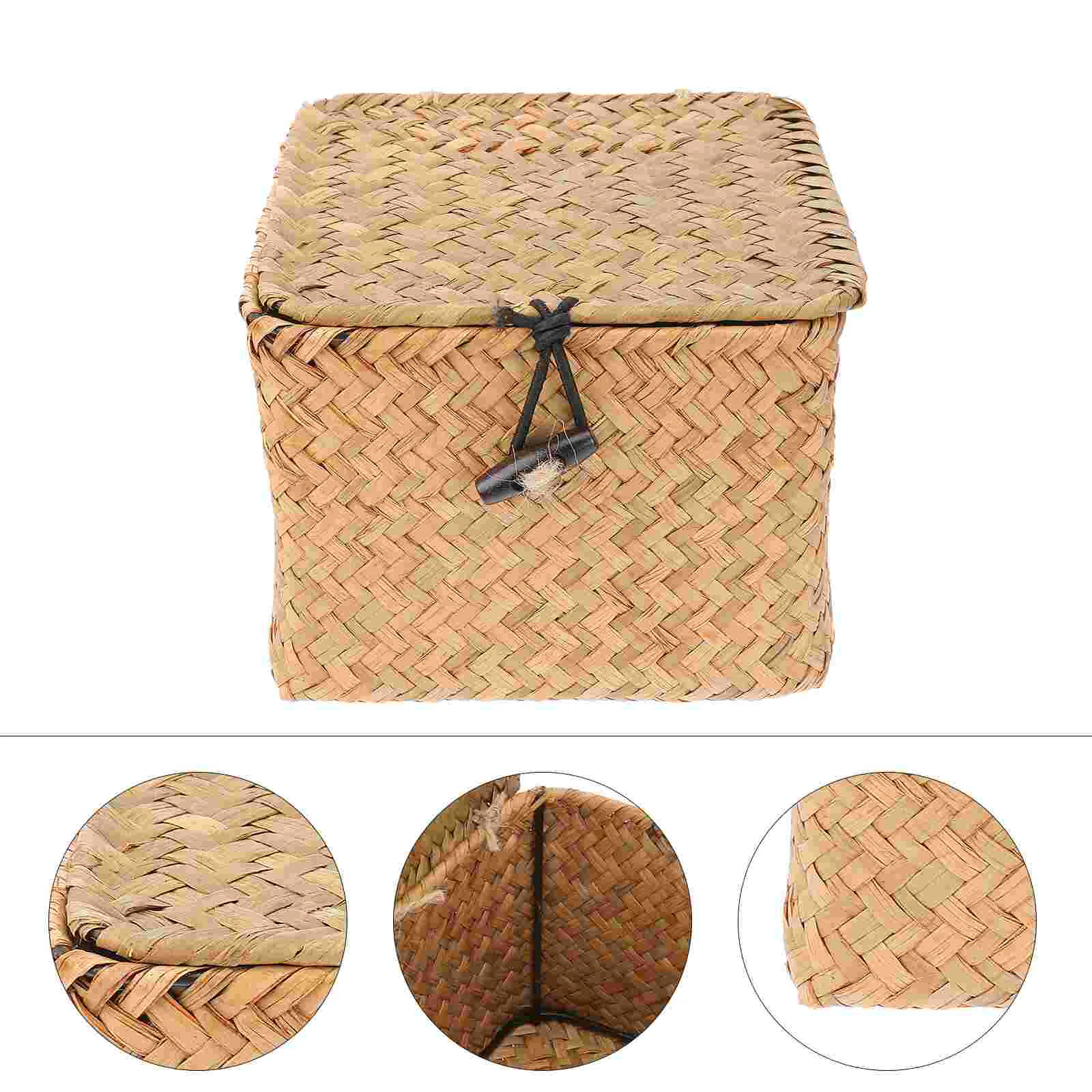 

Basket Storage Box Woven Wicker Baskets Lid Organizer Seagrass Rattan Straw Lids Tea Bins Handwoven Hyacinth Holder Seaweed Bin