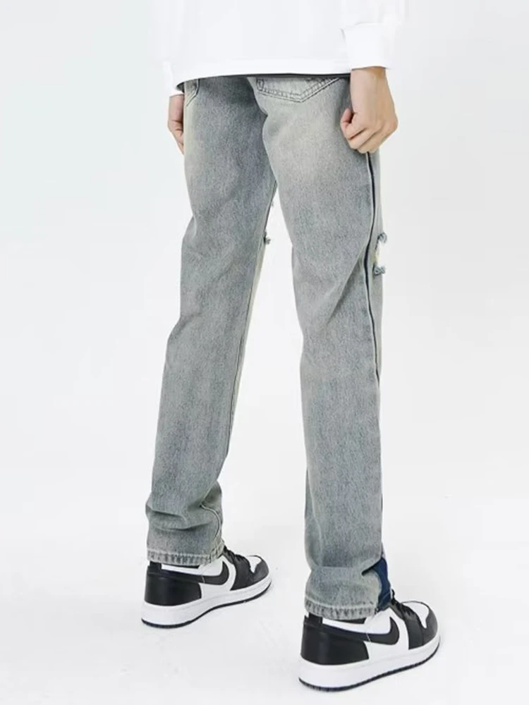Vintage High Street Hip Hop Tattered Jeans Oversized Side Striped Straight Denim Pants Washed Knee Ripped Denim Jeans for Men