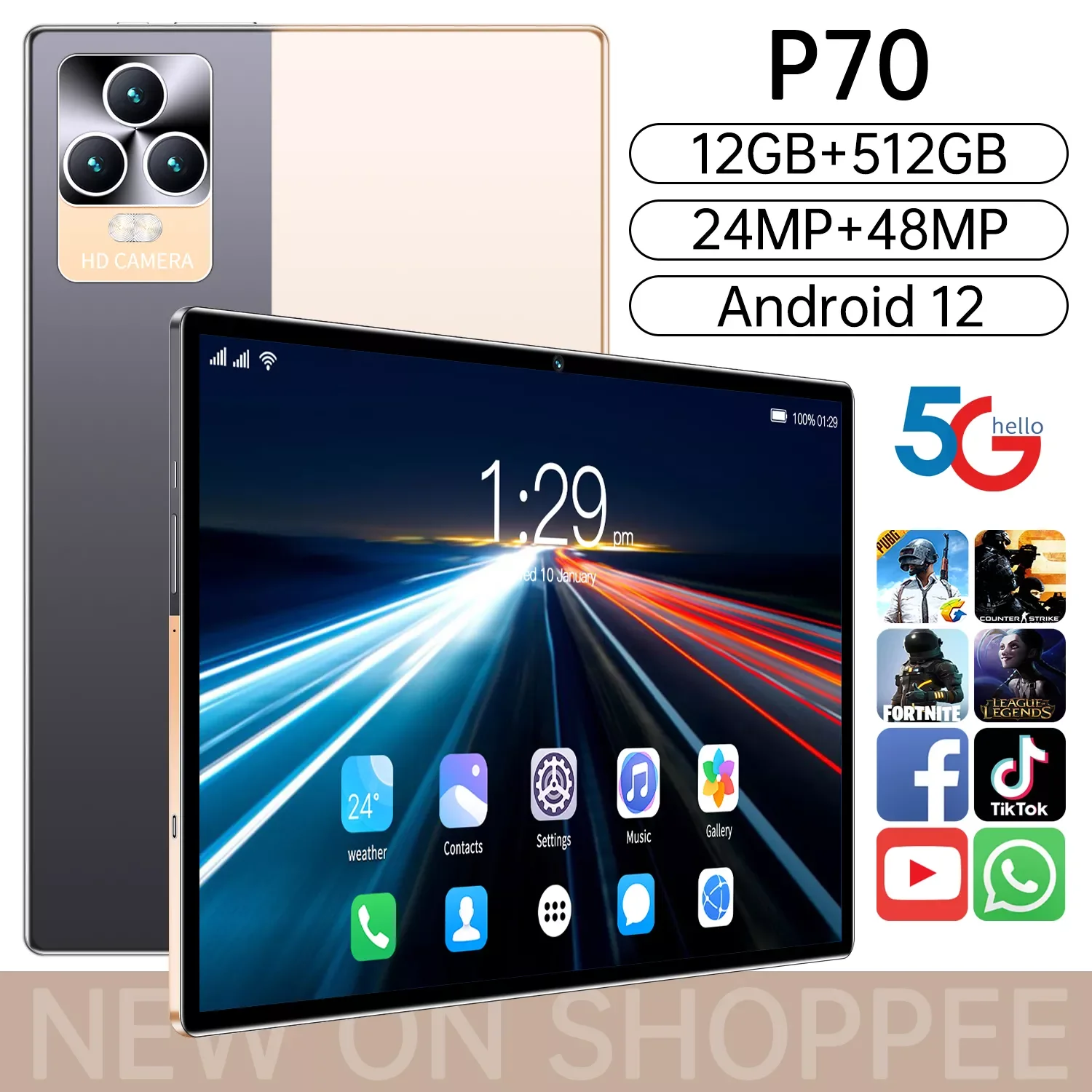 

10,1-дюймовый планшет Android 12 P70, 10,1 ГБ, Qualcomm 512, 870 мАч