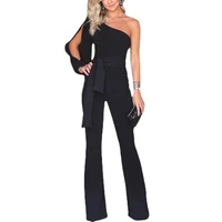 women wide leg one shoulder jumpsuit 2021 sexy long romper female party clubwear lace up bow solid color jumpsuits streetwear