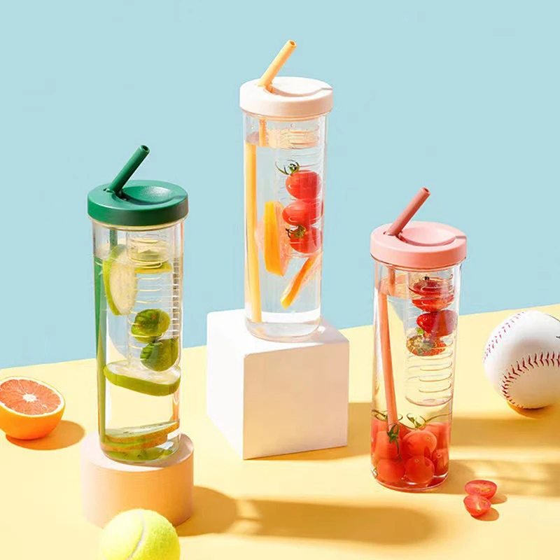 

700ML Folding Straw Cup Transparent Large Capacity Water Bottles Portable Juice Cups Lemon Filter Cute Drinking Bottle for Girl