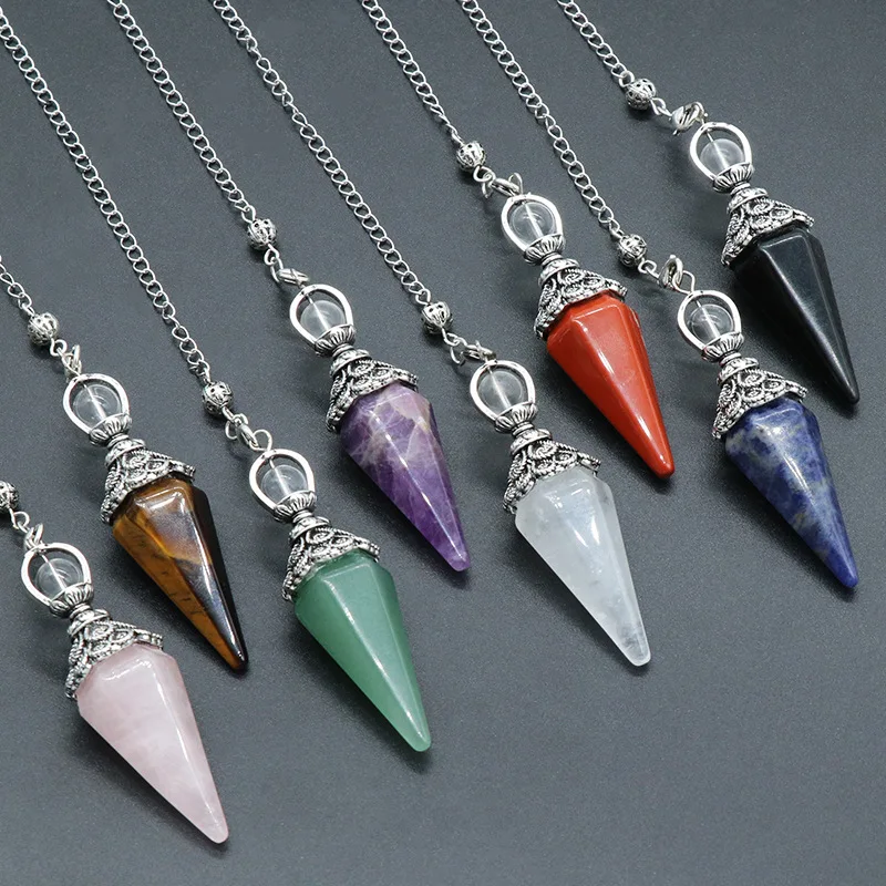 6PCS Natural Stone Hexagon Pendulums Amethyst Rose Quartz Chakra Crystal Pendants for Dowsing Spiritual Reiki Jewelry