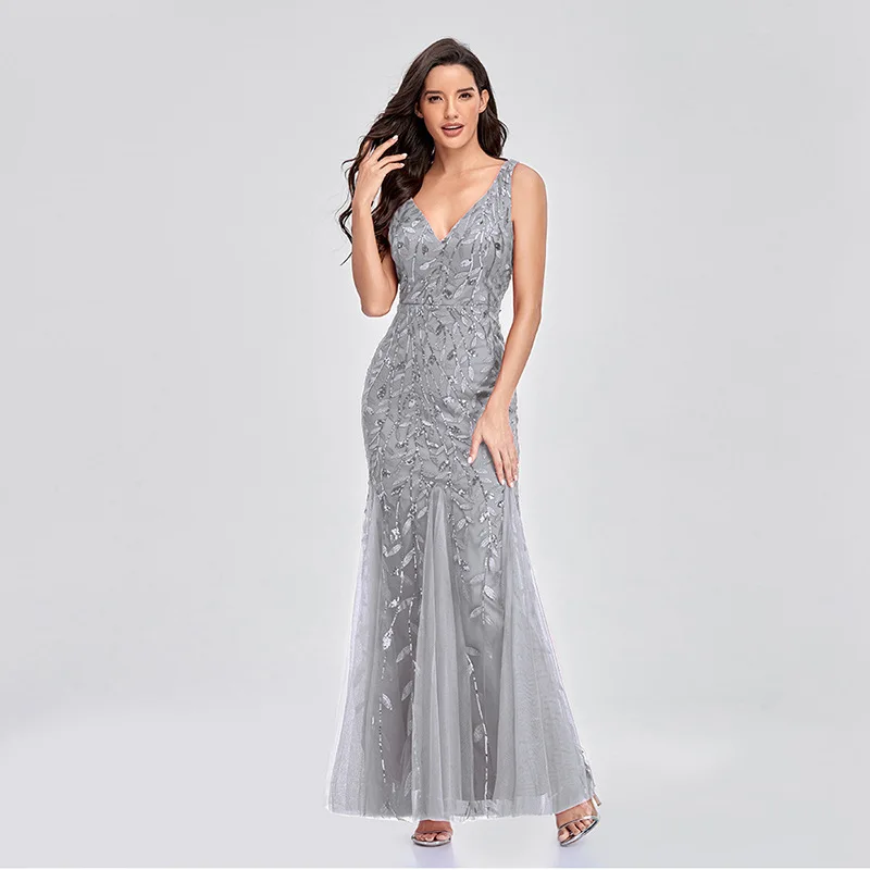 

V Neck Tulle Embroidered Sequin Sexy Mermaid Dress Slim Backless Cocktail Party Dress for Women Luxury Prom Maxi Evening Dresses