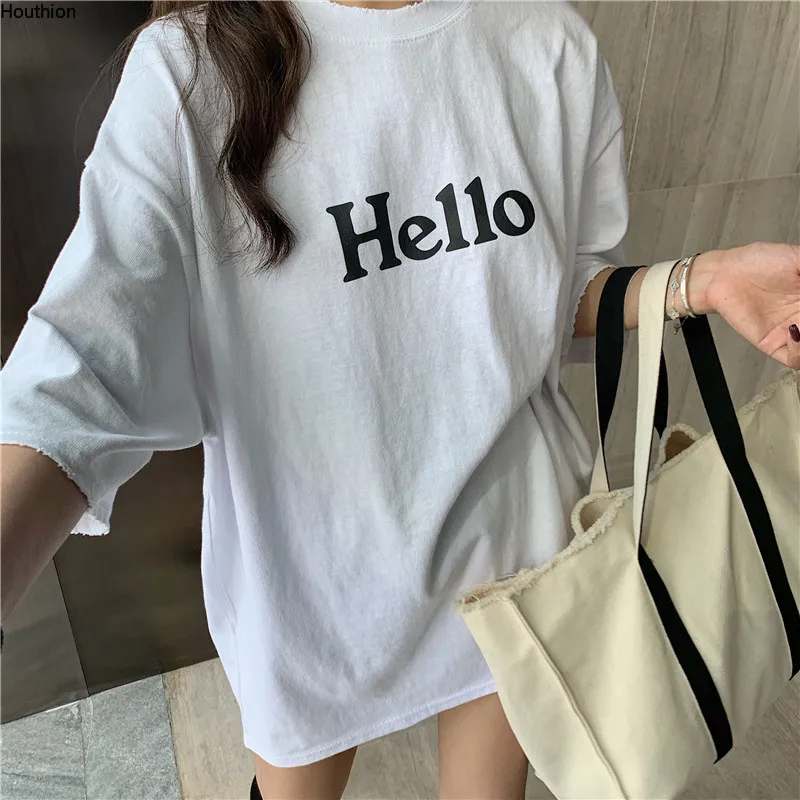 

Women T-shirt Korean Loose Top New Short Sleeved T Shirt Wash Cotton Fashion Letter Printing O-Neck Tees Female Clothes Houthion