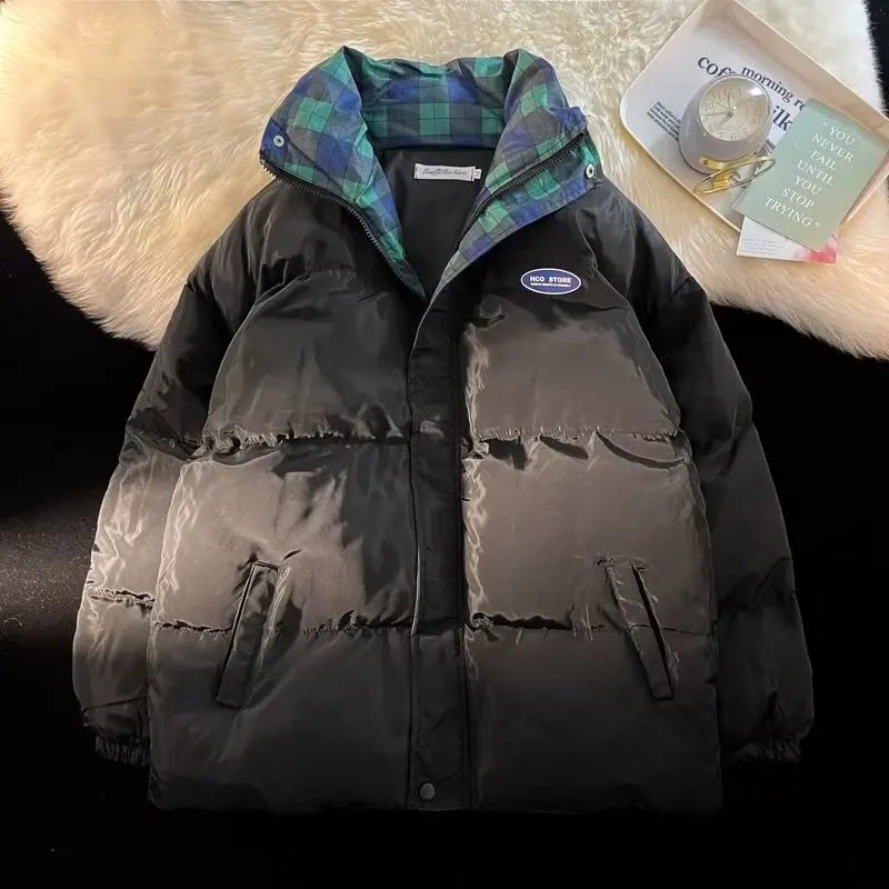 Oversize Parka Coat Winter Warm Patchwork Plaid Jacket Stand Collar Long Sleeve Thick Fashion Street Retro Jacket Women 2022