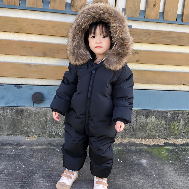 2022 Winter Warm Girl Rompers Hooded Real Fur Baby Boy Jumpsuits Down Kids Overalls Snowsuit Long Sleeve Onesies Outfits Clothes