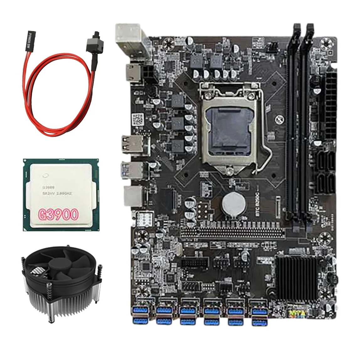 

B250C BTC Mining Motherboard with G3900 CPU+Cooling Fan+Switch Line 12 USB3.0 To PCIE Slot LGA1151 DDR4 DIMM RAM SATA3.0