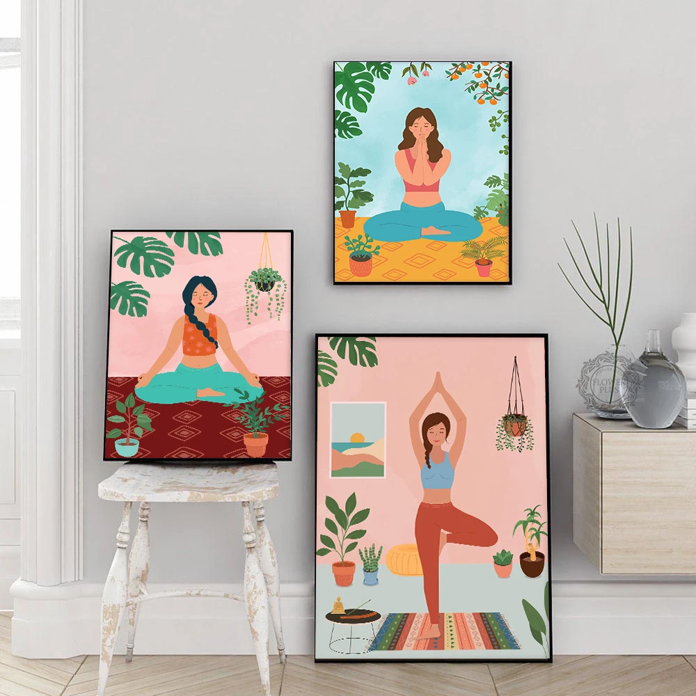 

Meditates Yoga Gift For Mom Girl Poster Print Tropical Plant Landscape Abstract Woman Slim Canvas Painting Bed Room Home Decor