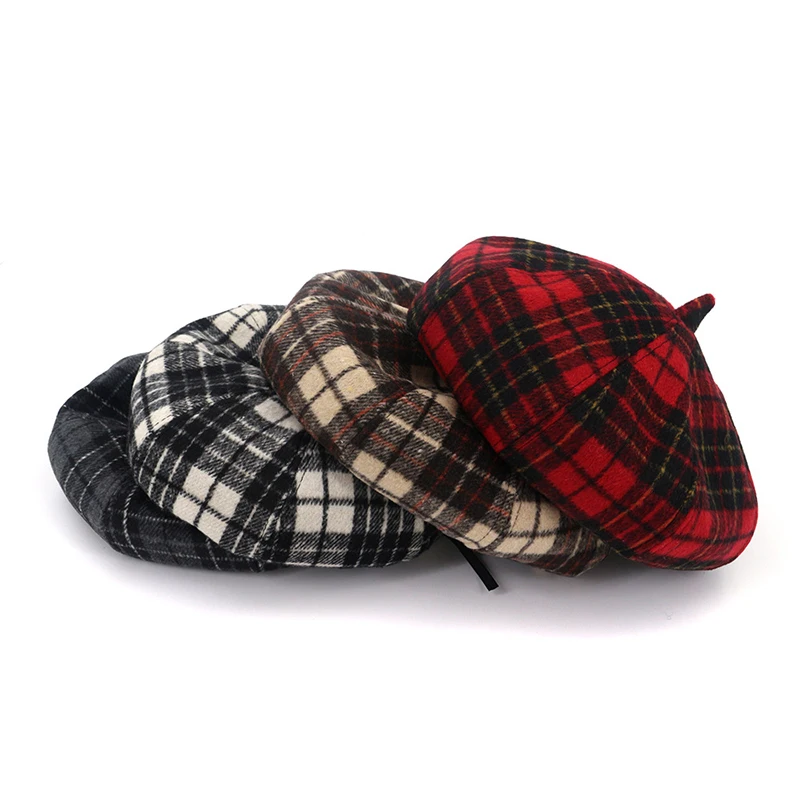 

2022 Autumn Fashion Casual Artist Cap Black Gray Red Khaki Vintage Winter Plaid Beret Hats for Women Wool Blend Octagonal Caps