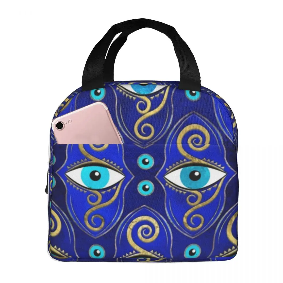 

Evil Eye Charm Pattern Lunch Bag with Handle Greek Eyes Mati Amulet Camping Cooler Bag Clutch Food Cool Thermal Bag