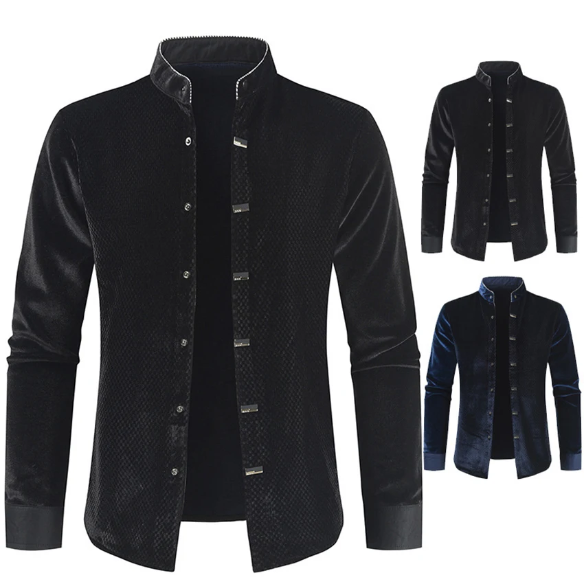 

Men Casual velvet Shirts Man Solid Shirt Men's Stand Collar Long Sleeve New Fashion velvet Shirts Clothing