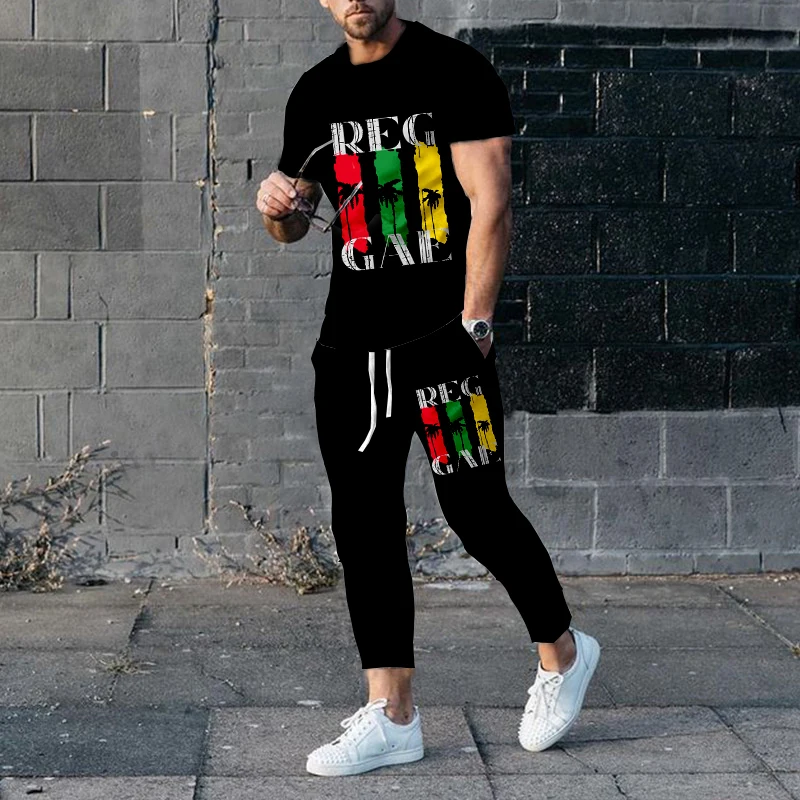 New Arrival BoB Marley Men's Trousers Tracksuit 2 Piece Set Printed Summer Short Sleeve T Shirt+Long Pants Street Unisex Clothes