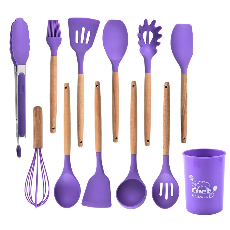 

Silicone Kitchenware with Wooden Handle 12 Piece Set Storage Bucket Shovel Spoon Kitchen Supplies Set Non Stick Pan Kitchen Set