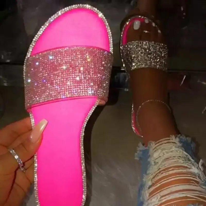 

Shoes Woman 2022 Female Slippers Big Size Glitter Slides New Flat Jelly Summer Basic Fabric Crystal Rubber PU Shoes Glitter Slid