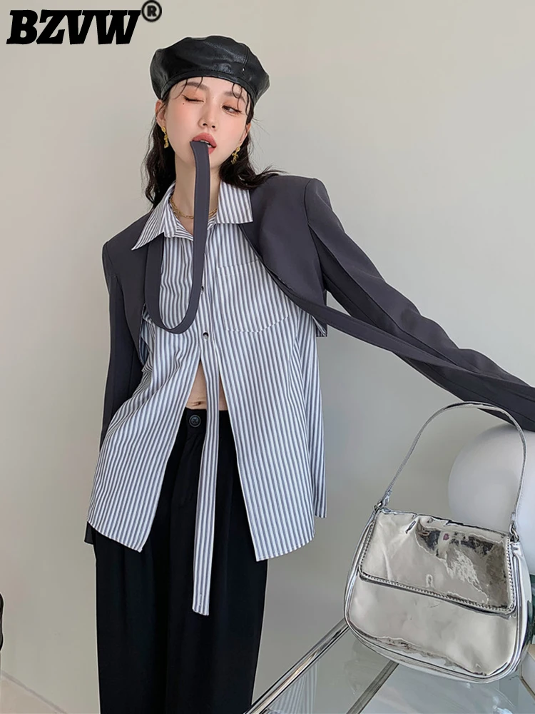 

BZVW Women's Spliced Fake Two Piece Designer Suit 2023 Spring New Versatile Temperament Casual Striped Niche Top Female 25X2192