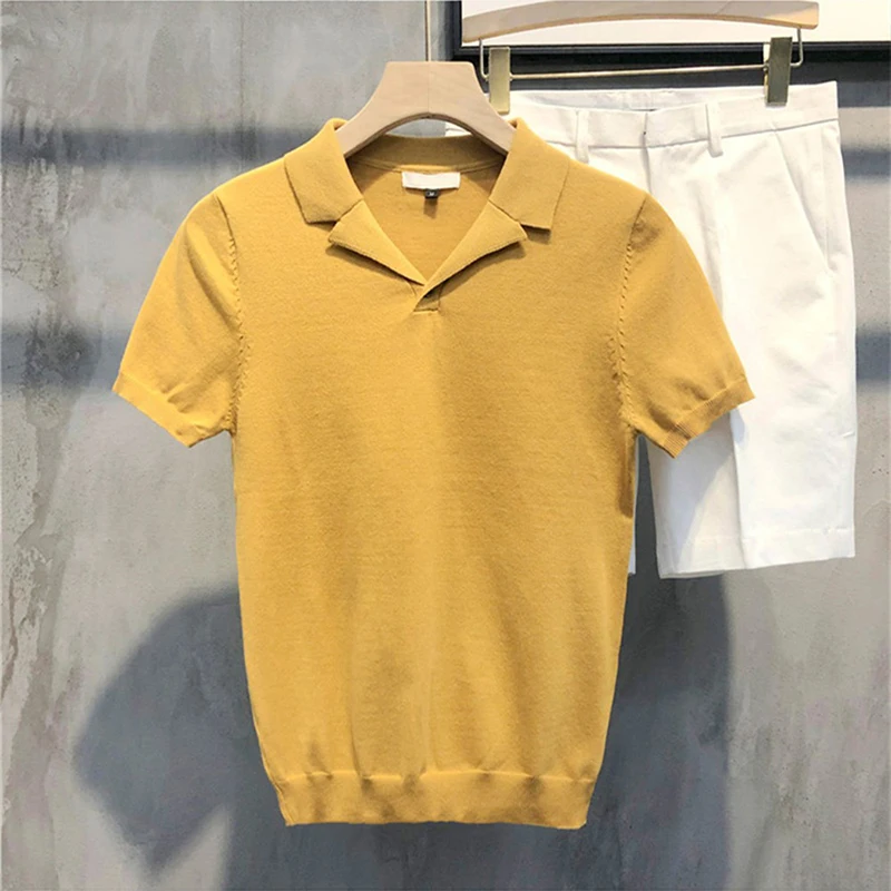 

2023 Men's Clothing Light Luxury Knitted Polo Shirt Casual Leisure V-Neck Solid Color Short Sleeve T-Shirt Breathable M-3XL
