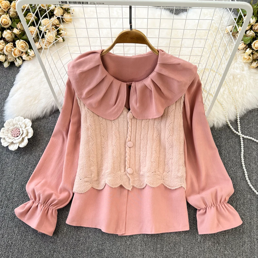 

Осенне-зимняя милая и милая рубашка в стиле ретро с воротником для младенца, свободная рубашка с длинным рукавом и V-образным вырезом, вязаны...