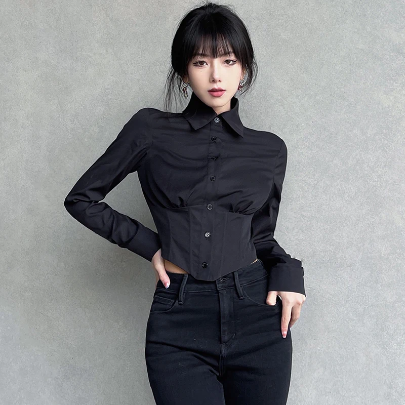 

Женская винтажная уличная одежда, Сексуальная Блузка в стиле Харадзюку, укороченный топ, корейская мода, черная рубашка с длинным рукавом, Ж...