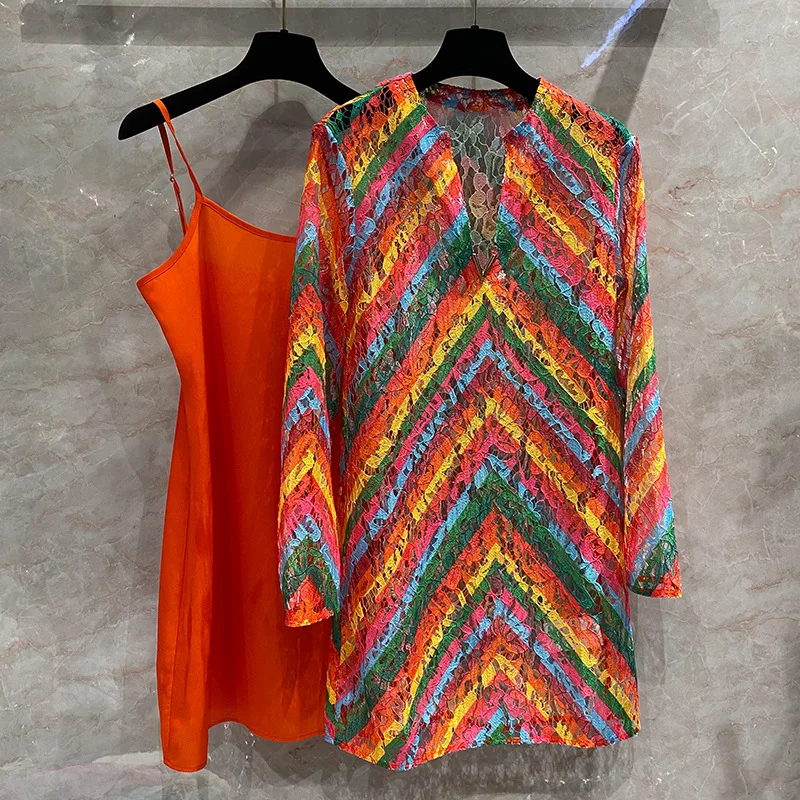 

2022 Summer New Designer Women's High Qulity Stripe Lace Dress F071