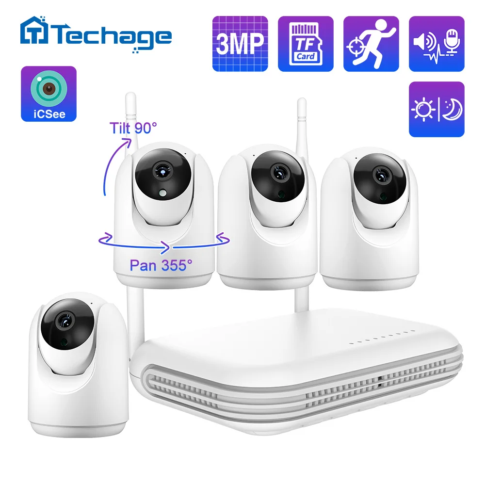 Techage 8CH 3MP WiFi Camera Kit Indoor Wireless Home Security System Two-way Audio Baby Monitor Human Detected Auto Tracking P2P