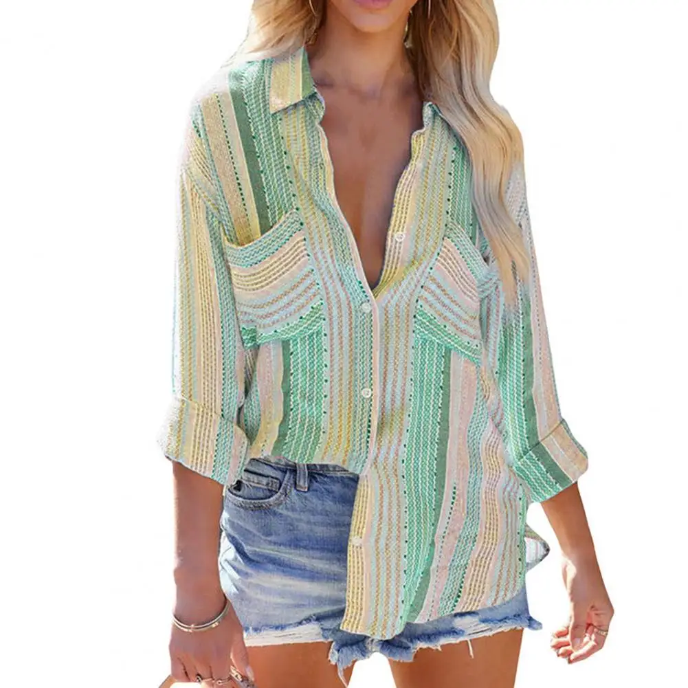 

Стильная женская рубашка в полоску с принтом, женская рубашка, Удобная тонкая рубашка