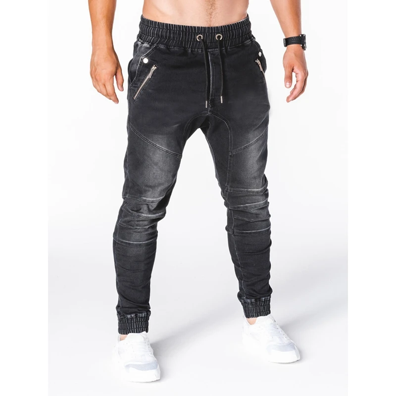 Men Jeans Spring Summer Fashion Solid Color Slim Zipper Denim Pencil Pants Trousers Men's Casual Lace-up Mid Waist Sports Jeans