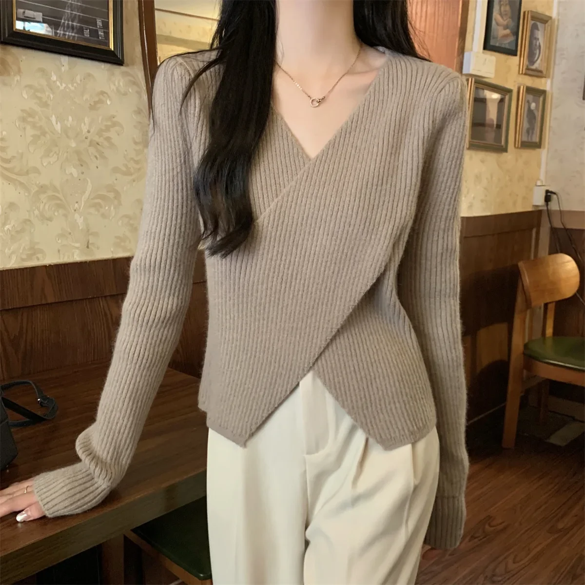 2023 Новое поступление осень/зима корейский стиль элегантный V-образный вырез