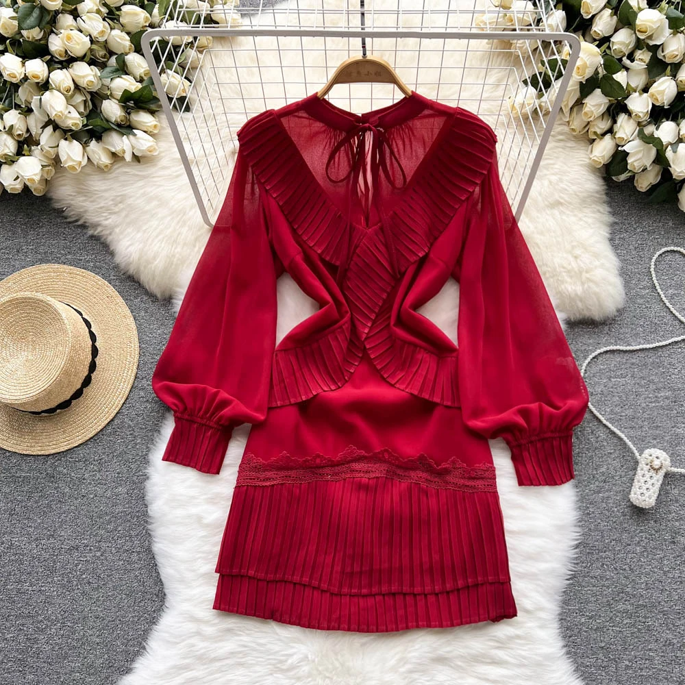 

Sweet Pleated Seaside Chiffon Dress Women's 2022 New Fashion Long Sleeve Slim Solid Color A-line Clothes Vestidos G890