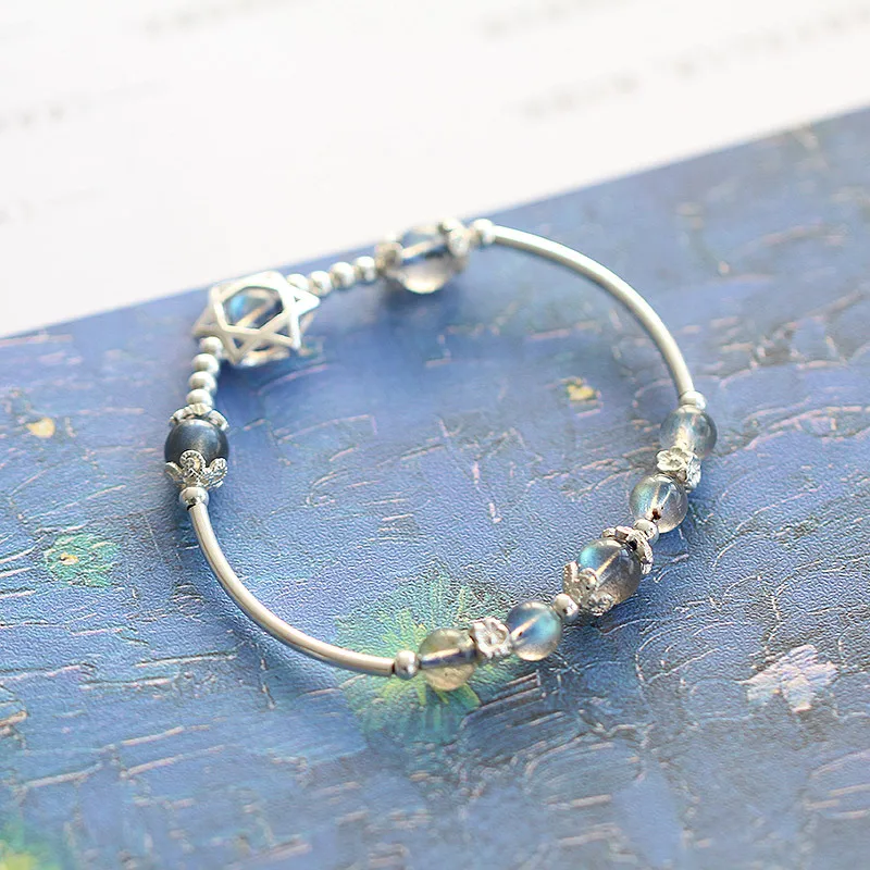 S925 David Star Bracelet Natural Moonstone Hand String Six Pointed Star Jewelry