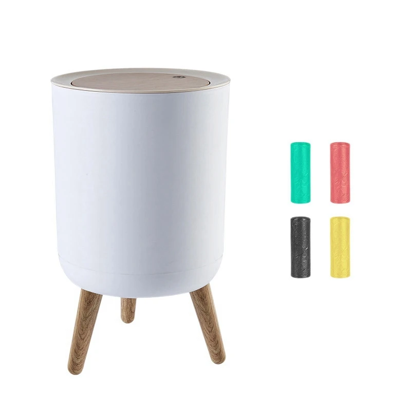 

Household With Lid Press Trash Can Living Room Bathroom Kitchen High-Foot Wood Grain Trash Can With Trash Bags