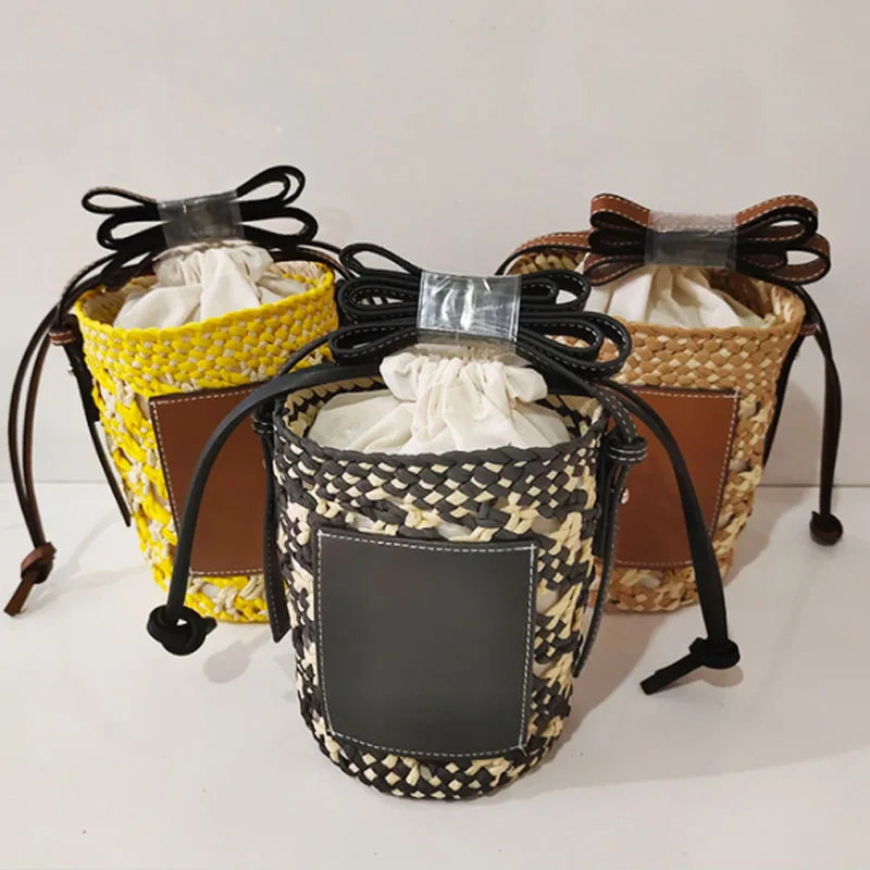 

Plaid Bucket Straw Woven Bag Women's Versatile One Shoulder Messenger Foreign Style Woven Handbag Bucket Bag 2022 New Fashion