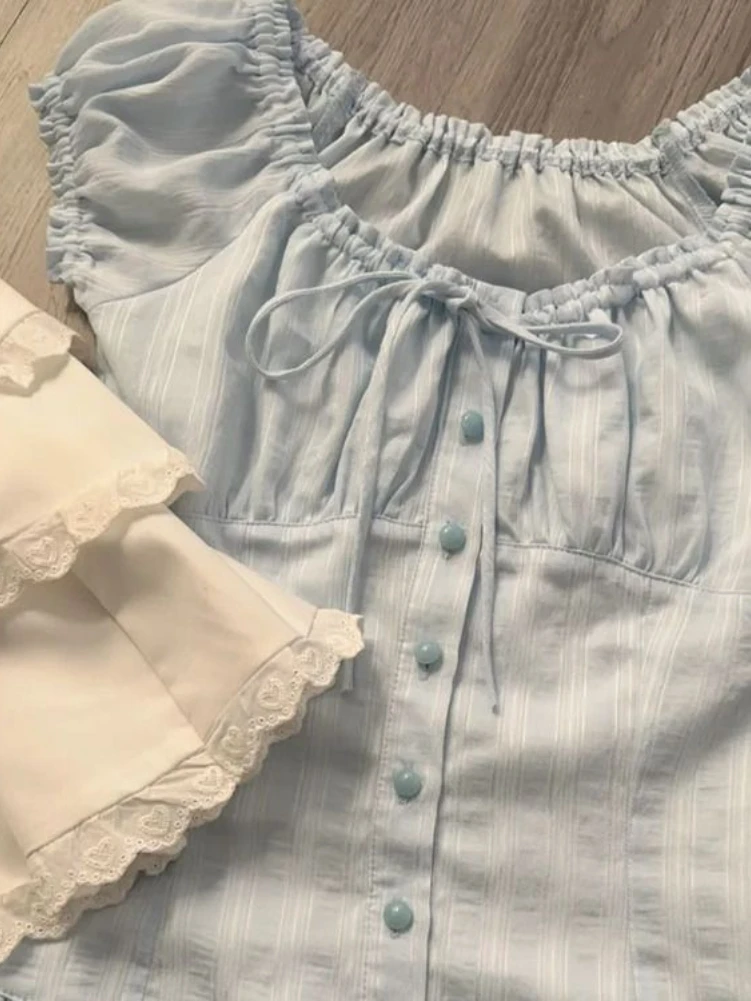 Французские милые блузки для женщин с круглым вырезом на шнуровке и оборками