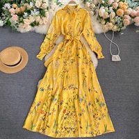 singrain women yellow print blouses dress autumn french elegant long sleeve lace up a line wedding dresses for women