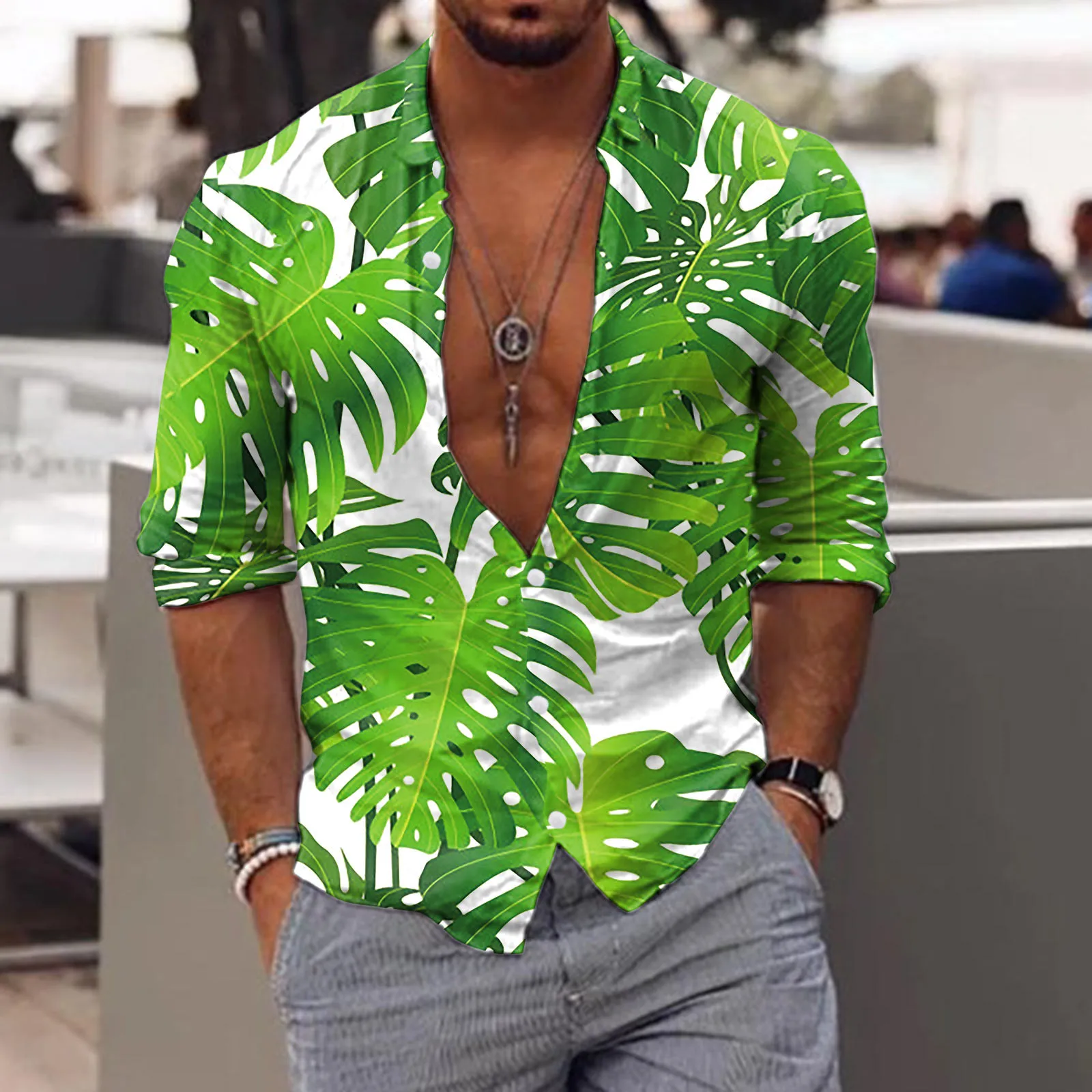 

Мужская повседневная гавайская рубашка, зеленая рубашка с отложным воротником, длинным рукавом, принтом и пуговицами, Клубная одежда для вечевечерние, Пляжная уличная одежда, 2023