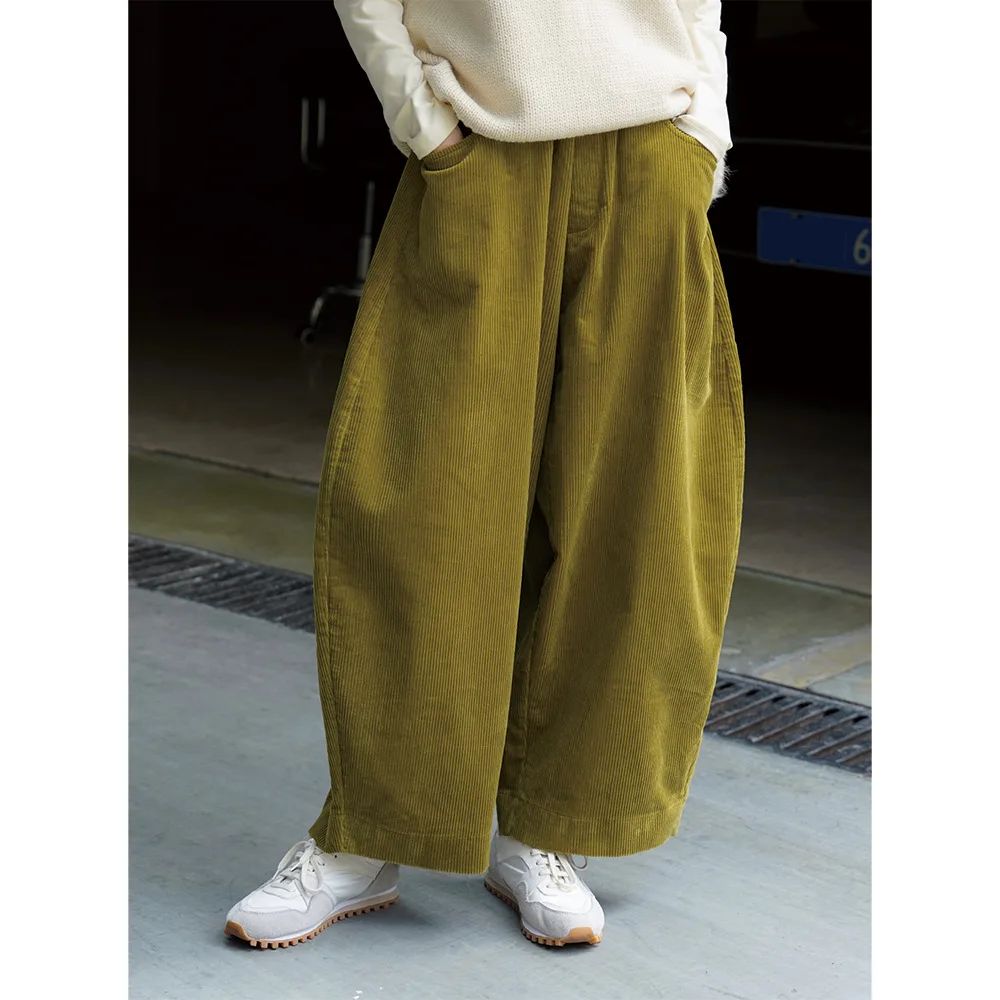 Autumn and Winter New Japanese Style Lazy Curved Corduroy Casual Pants Wide Leg Elastic Waist Loose-Fitting Slimming Pants Women