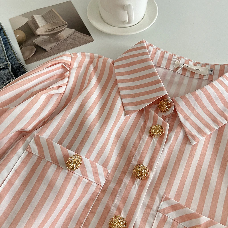 Блузка женская однобортная в полоску мягкая винтажная рубашка с отложным