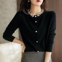 womens cashmere knitted top handmade beaded round neck gentle style long sleeve cardigan sweater casual female bottoming shirt