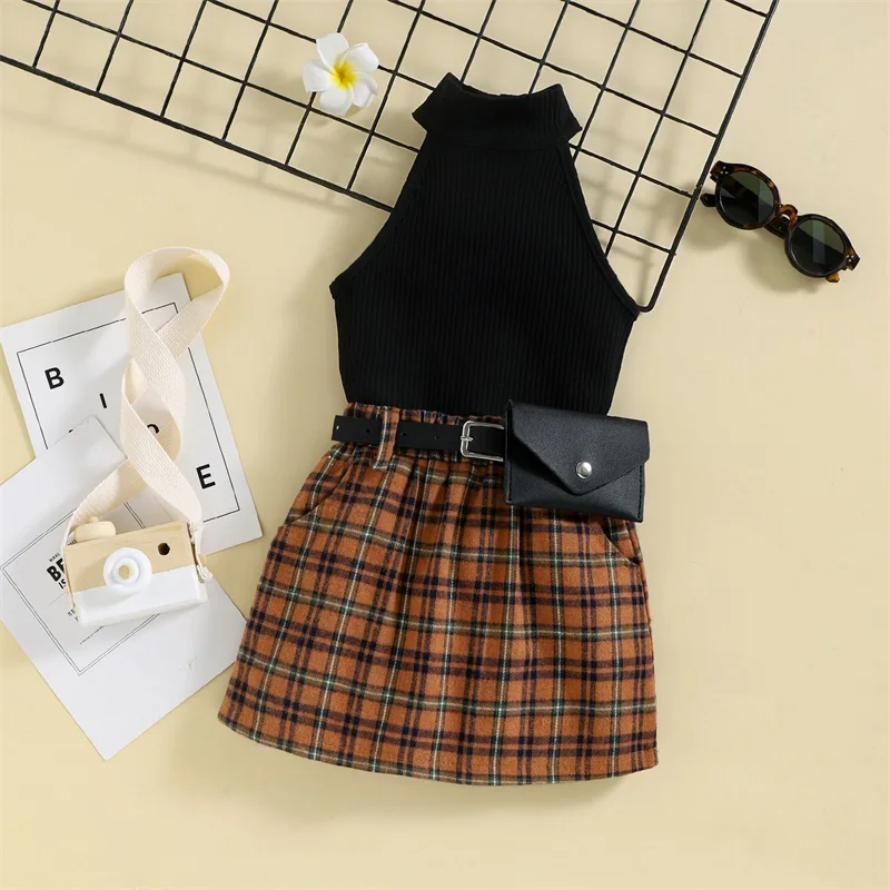

Summer Kids Baby Girl Summer Outfit Solid Color Ribbed Sleeveless Tank Tops and Mini Plaid A-line Skirt Fanny Pack Clothes Set
