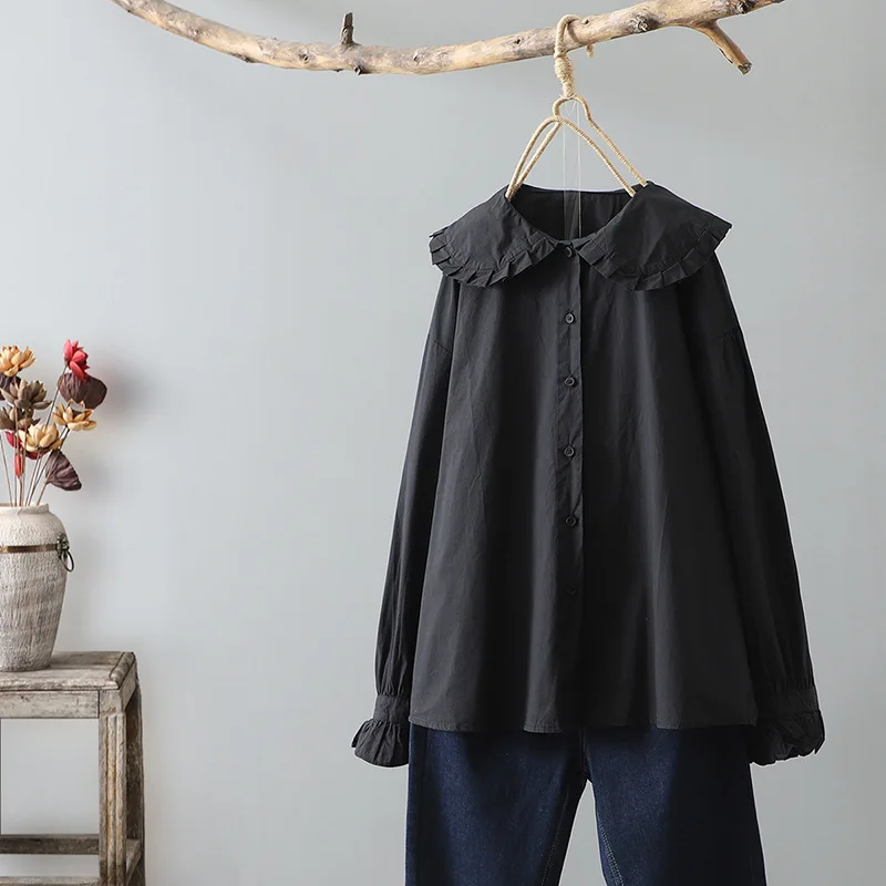 Женская хлопковая рубашка с воротником Питер Пэн длинным рукавом