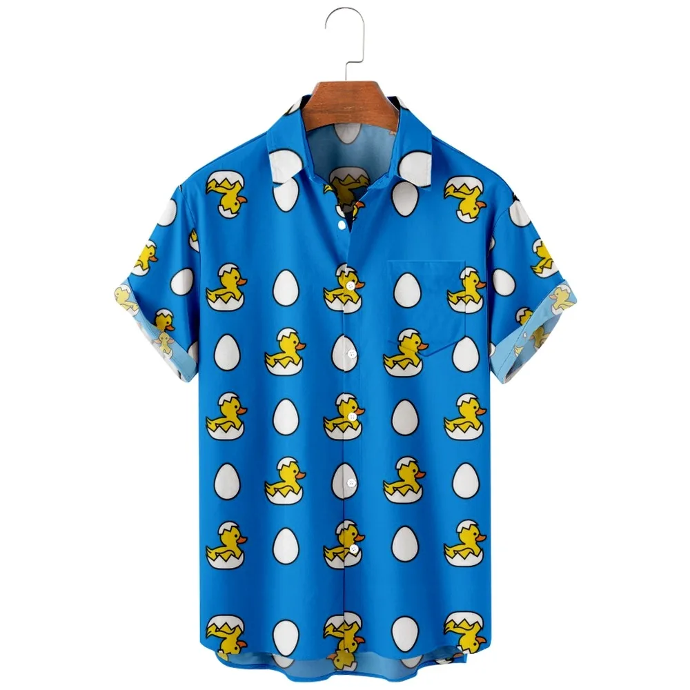 2022 New Blue Shirt Cute Duck Men Shirt Casual Breathable Short Sleeve Top Fashion Lapel Single Button Hawaiian Men Beach Shirt