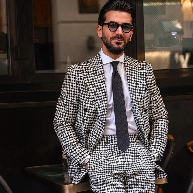 Мужские костюмы с узором гусиные лапки на свадьбу 2024 клетчатый приталенный