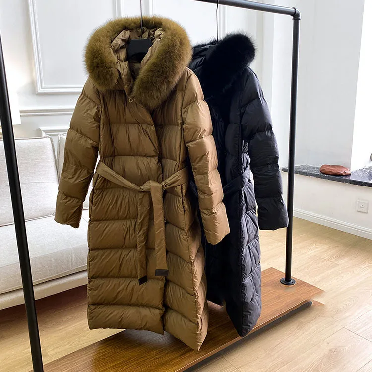 

Female Warm Winter 2022 Tie Waist Fox Fur Collar Loose Oversized Overcoat Hooded Long Coat White Duck Puffer Down Jacket Women