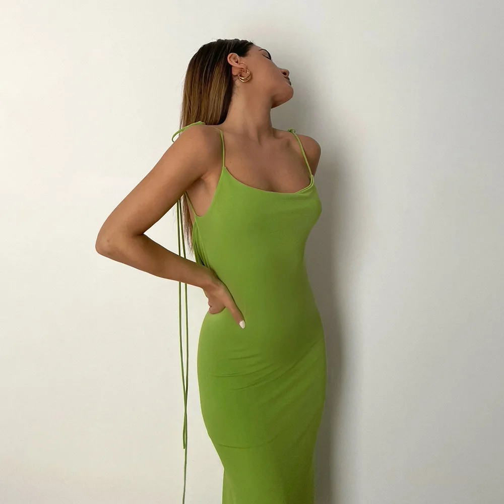 

2022 Summer New Products Simple Solid Color Backless Lace Hollow Suspenders Slim Dress Women