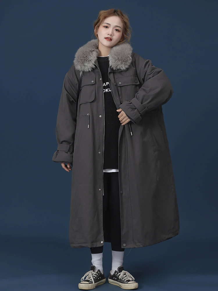 

2022 Winter Mid length Cotton Shirt Small Mid length Cotton Shirt with Large Wool Collar Dark Grey Style Overcomes