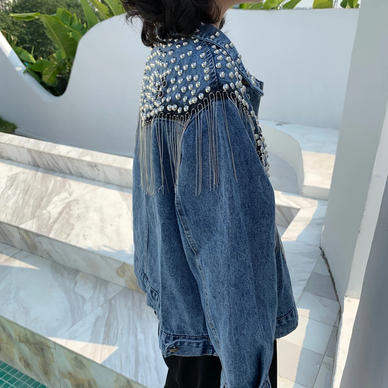 2021 Women Autumn Hand-studded Denim Jacket Coat Rivet Loose Black Tassel Chain Short Jeans Jacket Coats Streetwear Mujer