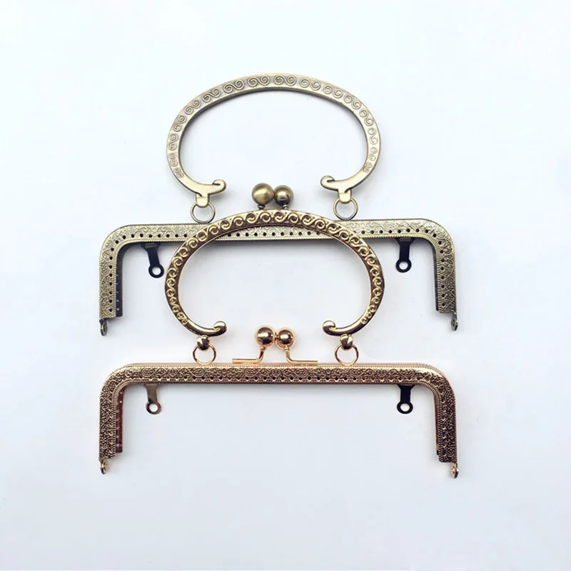 10pcs  20cm Metal Purse Frame Embossed Handle For Clutch Handbag Making Kiss Clasp Lock Antique Bronze Bag Accessories Hardware