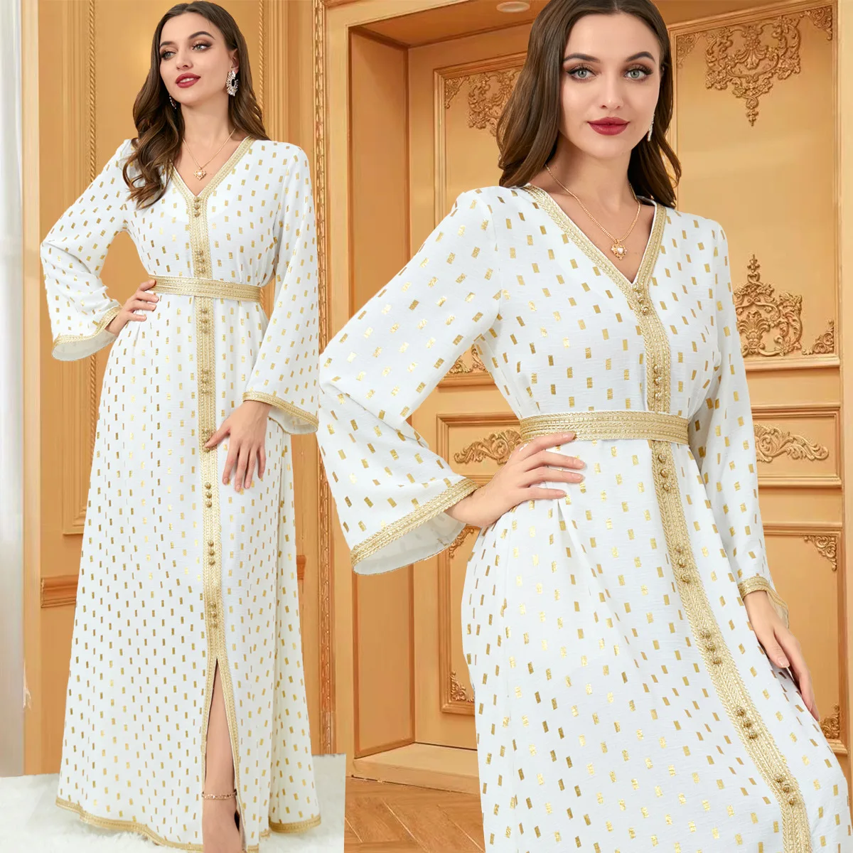 Abayas for Women Dubai Elegant V-neck Long Sleeve Ribbon Button Turkey Arabic Oman Moroccan Caftan Muslim Fashion Female Clothes