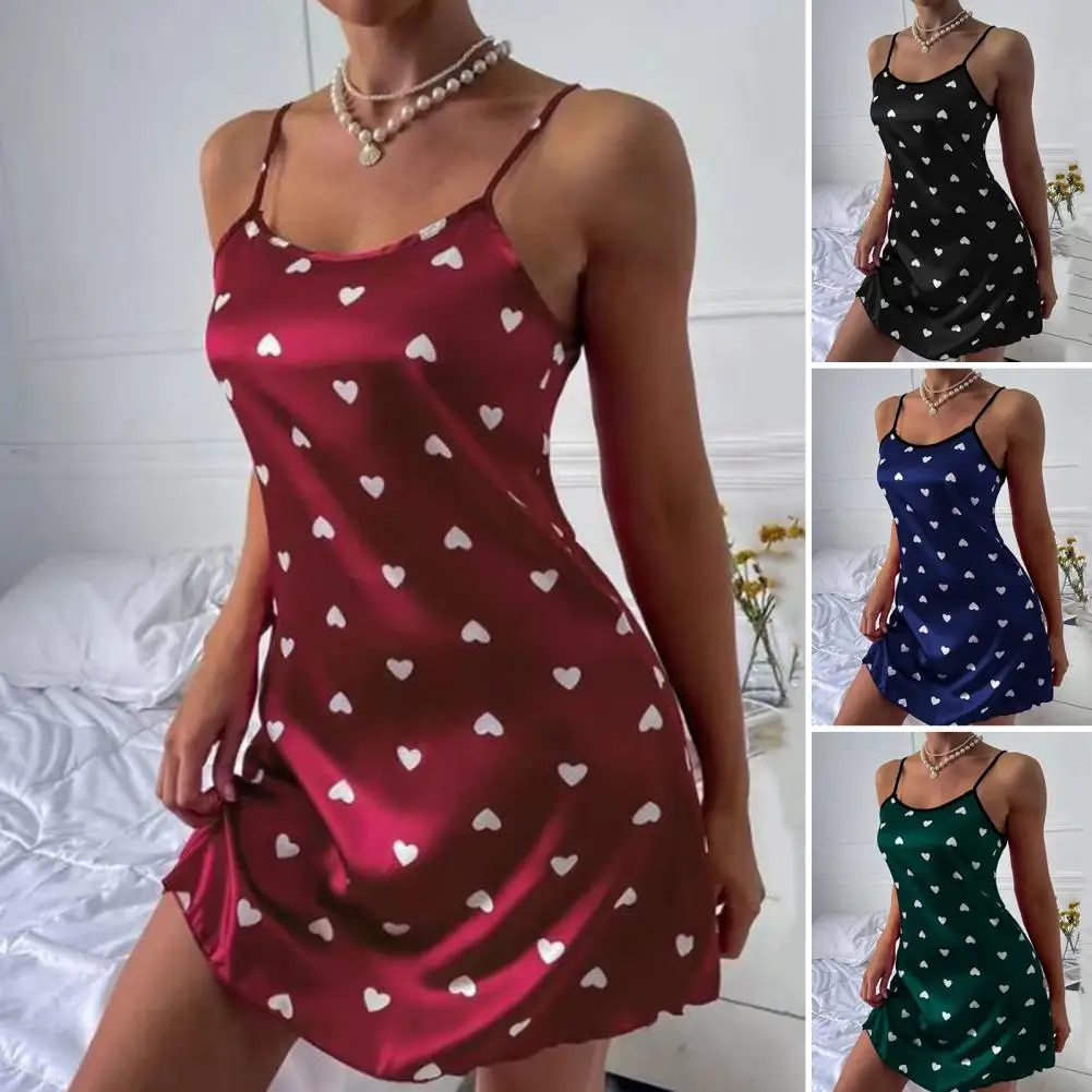 

Women Nightdress Satin Sleeveless Backless Heart Print Above Knee Seductive Low Cut Spaghetti Strap Women Nightie for Sleeping